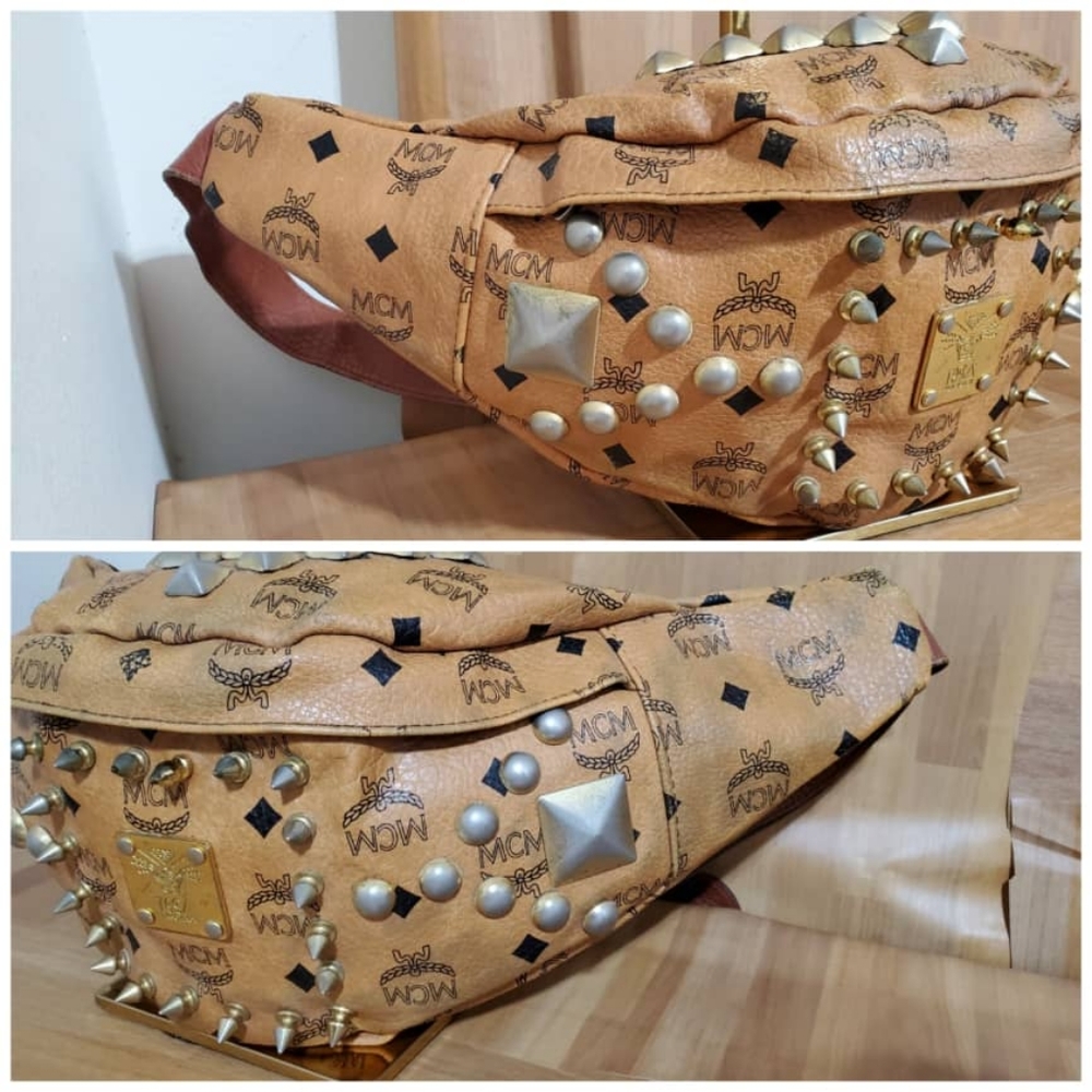 Authentic MCM Cognac Studded Visetos Belt Bag Fanny Pack Waist - Picture 12 of 14